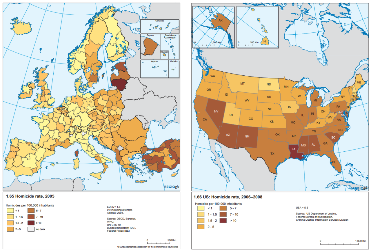 Homicide rate in Europe vs USA