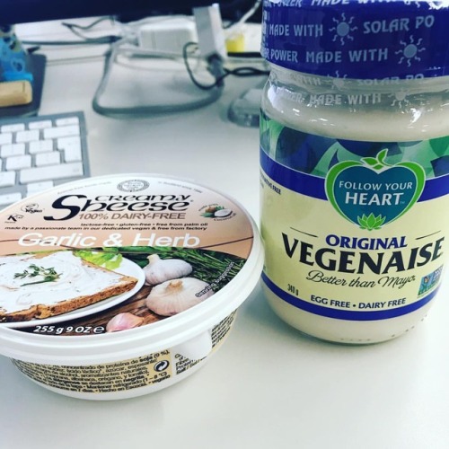 Got some #plantbased freebies today #followyourheart #vegenaise and #sheese #garlicandherb. Looking 