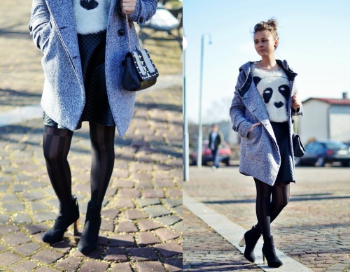 Black sheer vertical stripes, with a black &amp; white panda on the sweatshirt for a ultra chic Sund