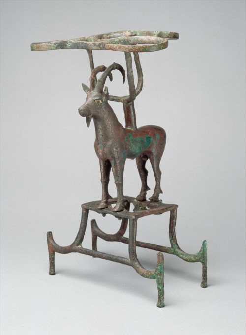 didoofcarthage:Vessel stand with ibex supportSumerian, c. 2600-2350 B.C.Copper alloy inlaid with she