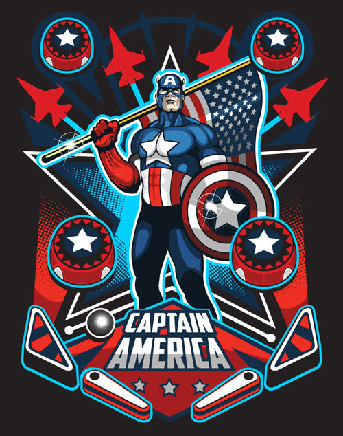 xombiedirge:  Marvel Pin Ball Series by Samuel “Sho” Ho / Blog / Tumblr T-shirts in assorted colors and sizes, available HERE, via WeLoveFine Direct to shirts: Iron Man / Captain America / Silver Surfer