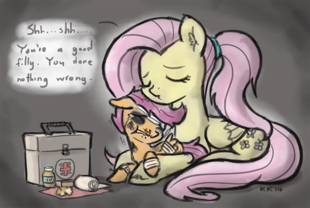 Kakapo's Pony Grotto â€” Fluttershy cradling an abused and beaten...