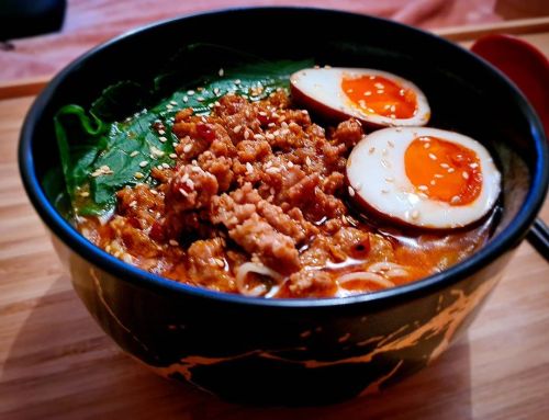 Velvety Spicy beef ramen with a Tantanmen spin and Ajitsuke Tamago (Ramen egg). With