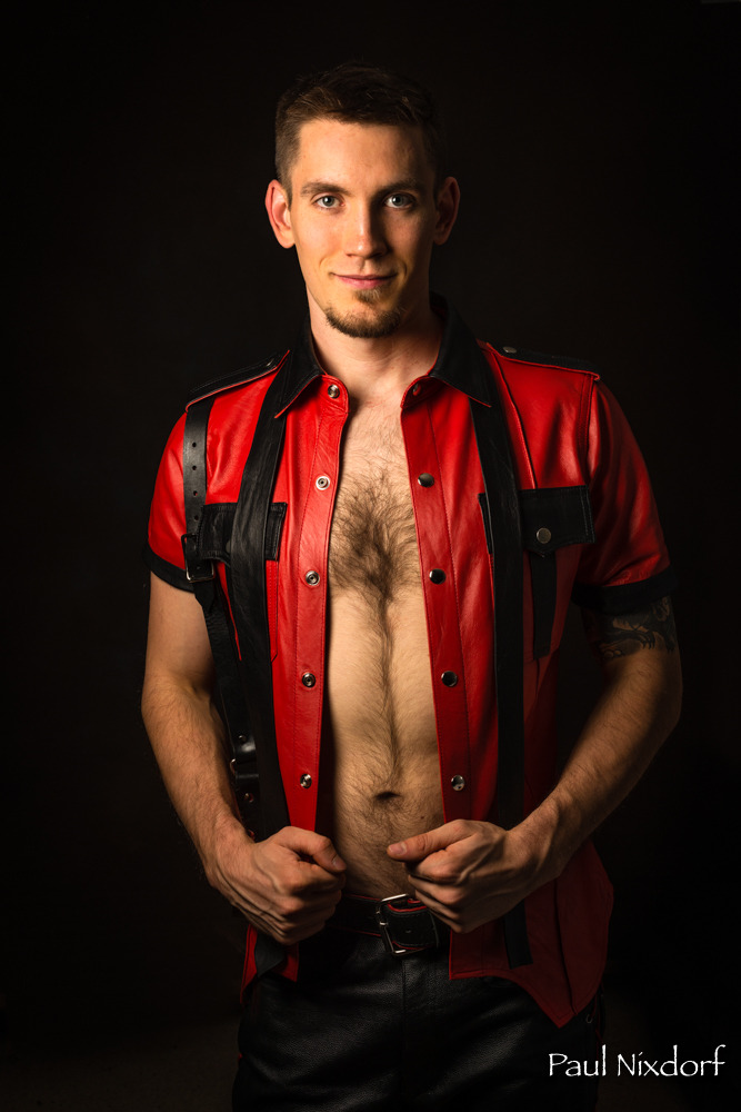 fistyfelix:A few pics of me in (and out) of my leather formals from Twin Cities Leather,