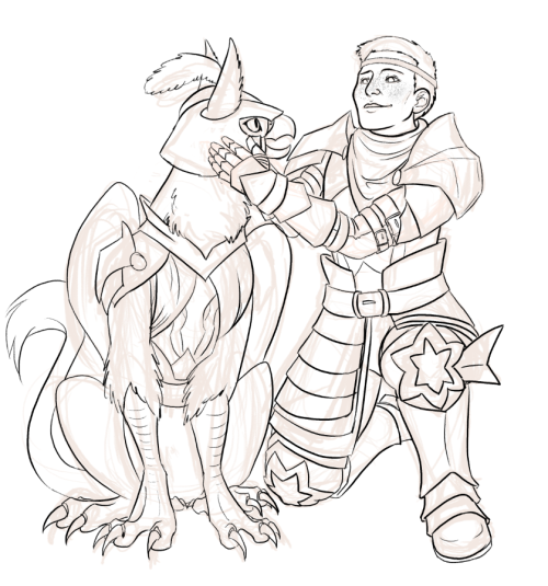 piedpica:  Aveline and Lieutenant Valiant.  Anders had nothing to do with that name, surprisingly. Aveline actually made the baby griffon a lieutenant in the Kirkwall guard. He has a helmet plume and everything! (I had full intentions of coloring this