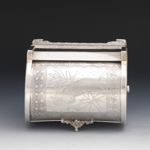 American Aesthetic Movement Silver Plated Mechanical Two Compartment Jewelry Casket Marked with Meri