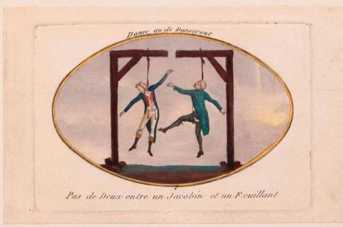 A counter-revolutionary cartoon published during the French Revolution showing two revolutionaries h