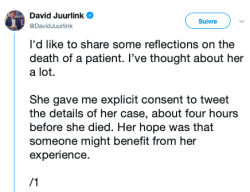 propagandaofthedead:  loud-and-queer:  cwicseolfor:  https://twitter.com/DavidJuurlink/status/1129811903776198659 We deserve autonomy.  I support right to die legislation and I’m glad this woman was able to die on her own terms. I can only hope that