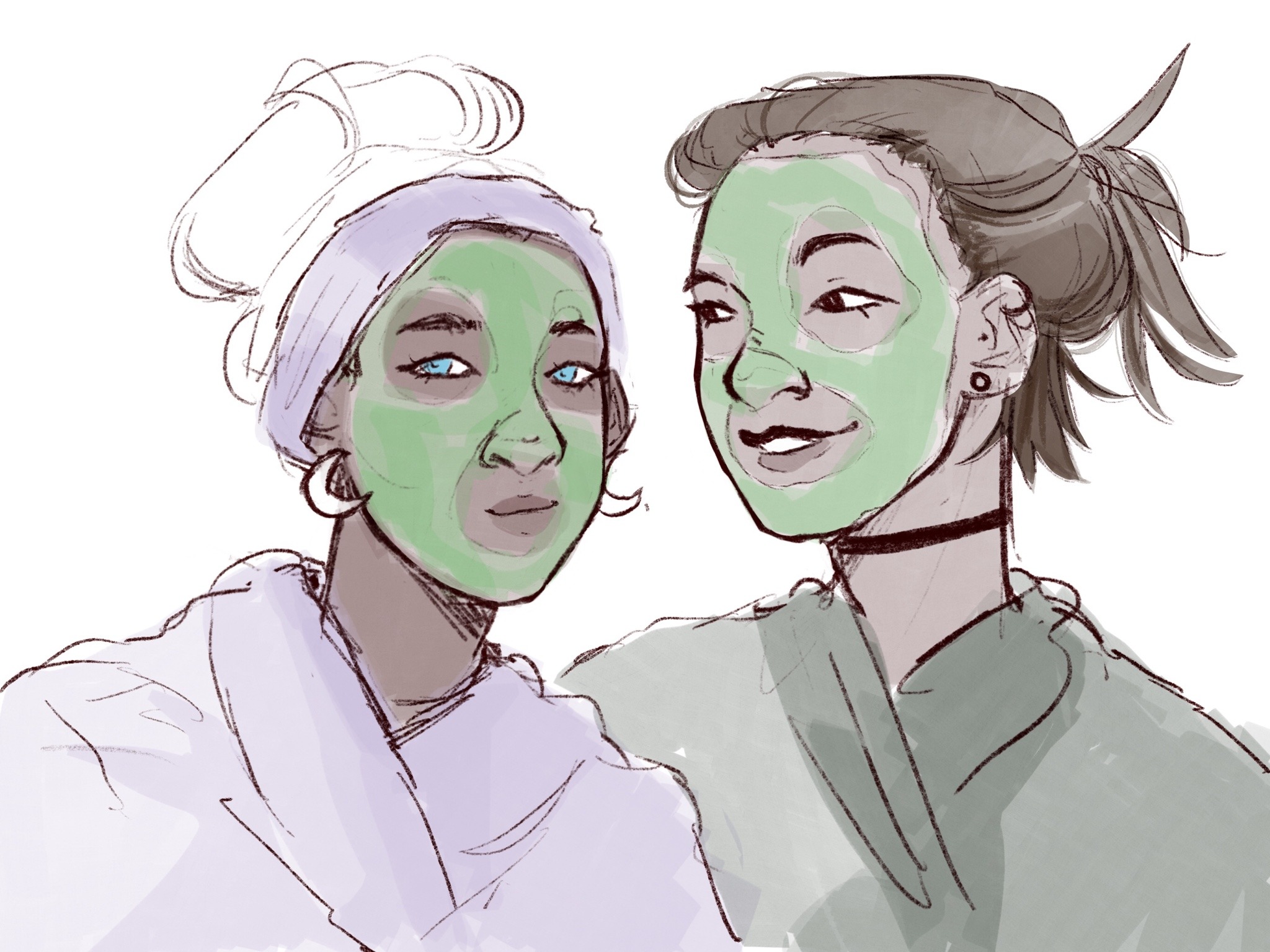 :dl4draws:night in ✨day1: modern aui just found out there is a @yuekiweek literally an hour ago and this happened[image description: a digital drawing of Yue and Suki. Both of them are wearing green face masks and bathrobes in their respective colors