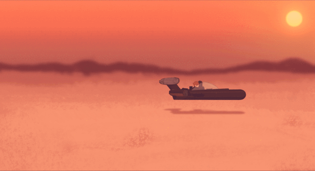 Second, we see a speeder with Din and Luke in it glife across the Tatooine landscape, the two sunsets backlighting it.