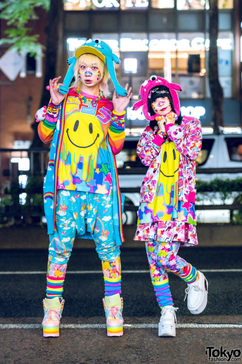 tokyo-fashion:Junnyan and Yukachin on the street in Harajuku wearing colorful kawaii fashion includi