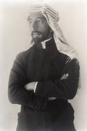 Prince Feisal who, with T.E. Lawrence (Lawrence of Arabia) led the Arab Revolt against the Ottoman Turks, 1917.