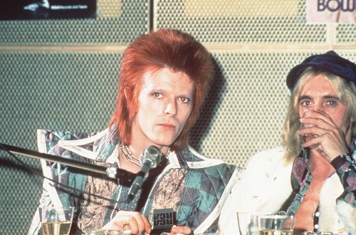 nightspell:  David Bowie and Mick Ronson during a press conference at RCA Studios, NYC. December 11,