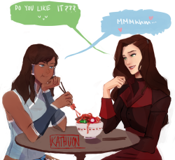 kathuon:  Art trade with inuyana8      The finale made me sad so have some smiling bffs.  : Asami cooks noodles to make korra feel better