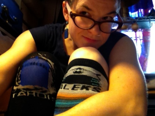 Happy 50th, Doctor Who! All decked out in Tardis socks, Dalek socks, AND Tardis earrings, even thoug