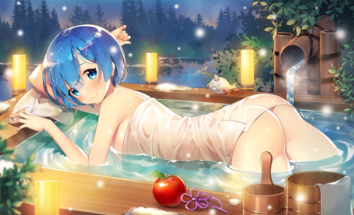 sakuyahitsu: 温泉レム | ayamy_garubinu@Pixiv    ※Permission was granted by the artist to share their artwork. Please do not remove the credits.    