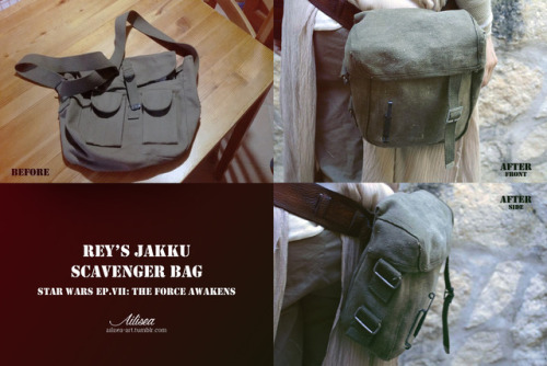 HANDMADE REY’S JAKKU SCAVENGER BAGThis took me a while to complete. I started from a military bag ba
