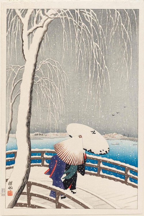 japaneseaesthetics:  Snow at Yanagibashi&quot; (1927), Ohara Koson