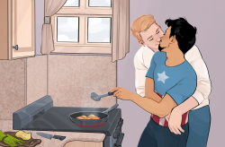 blossomsinthemist: My second commission from @kelslk / @kelslk-art! Since I’ve written fics about Tony cooking for Steve,  I really wanted to get super cute art of something like that, and @kelslk totally delivered!  LOOK AT HOW ADORABLE THIS IS. 