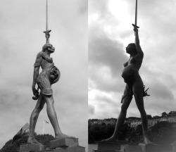 amandapalmer:  explore-blog:  Amanda Palmer, eight months pregnant and exquisitely painted, recreates Damien Hirst’s Verity statue (top) in a performance art piece for the New York Public Library’s children’s book drive. Proud papa-to-be Neil Gaiman