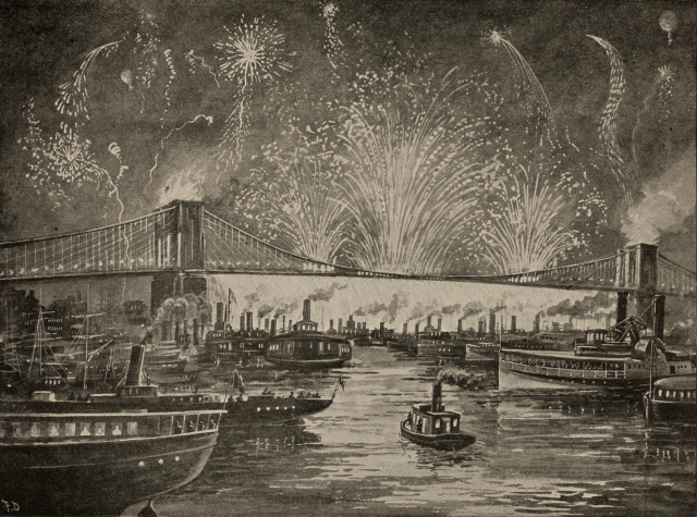 A parade of boats on the East River, fireworks from the Brooklyn Bridge. People's history of the United States. 1895. Internet...