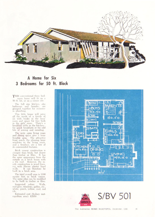 vintagehomeplans:Australia, 1953: S/BV 501A modern, open plan home with jaunty porch posts.Australia