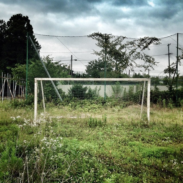 An abandoned football pitch seen in an evacuated school near the Fukushima-Daiichi nuclear power plant, Japan.
The school playing field is overgrown now - the tall grass slowly giving way to small samplings, that will one day become trees. It takes...