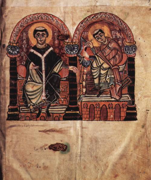 Bishop Braulio and Isidore of Seville.  From a Swiss manuscript (2nd half of 10th century) of Isidor