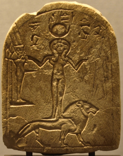 Ancient Egyptian limestone stele depicting the deities Min, Qetesh, and Resheph.  Artist unknown; 19