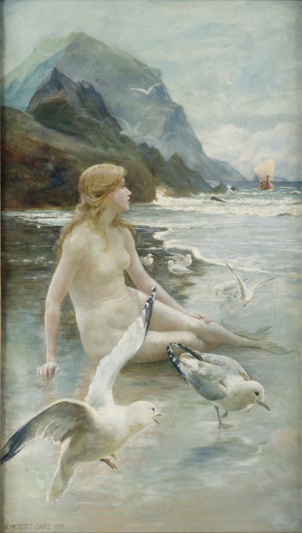 Nude and Gull.1904.Oil on Canvas.107 x 61 cm.Art by Norman Prescott Davies.(1862-1915).