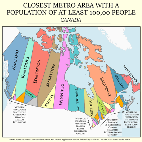 mapsontheweb:Canada divided by closest metro area with at least 100,000 people. Keep reading