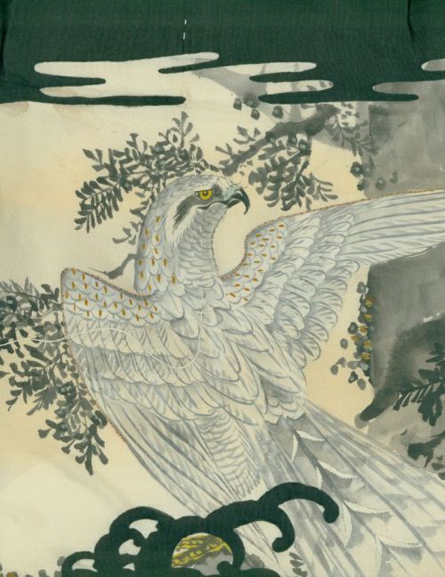 Detail of a boys silk ceremonial kimono featuring a yuzen-dyed hawk with embroidery highlights. Earl