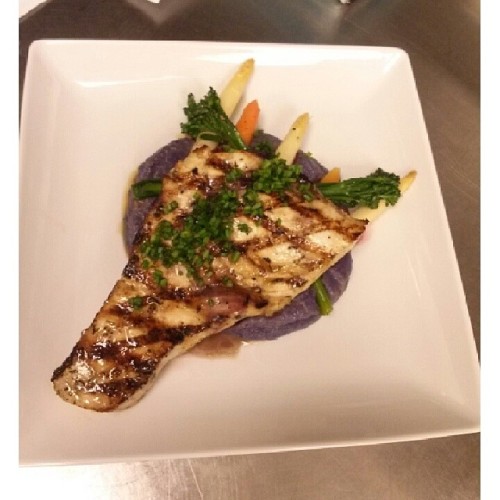 Chef told me to run wild with a swordfish sauce so here ya go.Grilled swordfish over whipped purple 