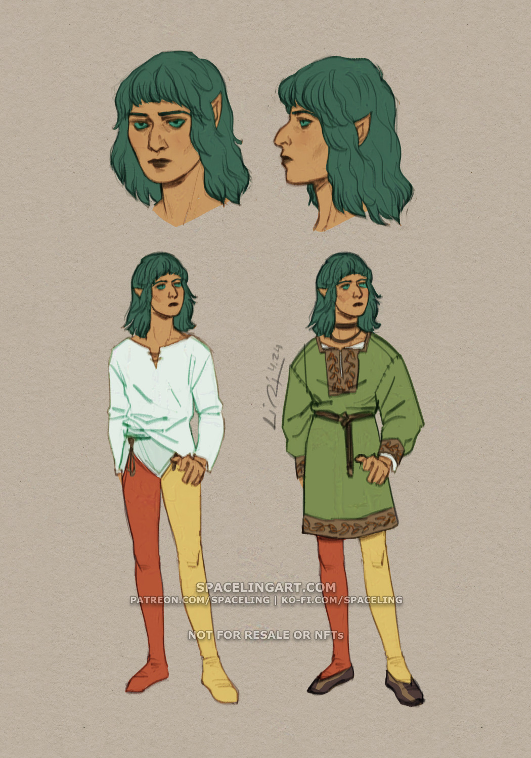 Concept sketches of an elf. There are two portraits side by side: one in 3/4 view and another from the side. The elf has a medium skin tone, green hair, and vibrant green eyes. Underneath the portraits is the elf standing in early medieval smallclothes composed of an undershirt, pants, and a pair of hose, one in red and the other in yellow. She is also stood in casual clothing: a green tunic with embroidery along the edges, the same pair of hose, and simple shoes.