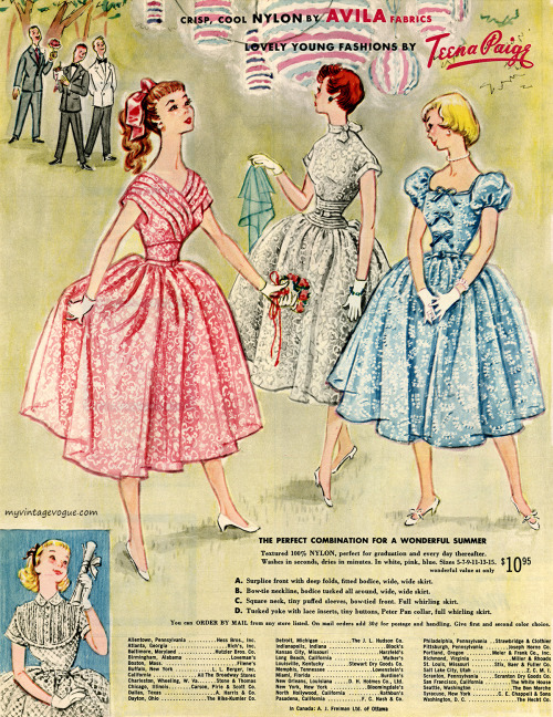 1950s prom dresses in ‘crisp cool nylon’(VIA) theniftyfifties:Dress fashions by Teena Pa