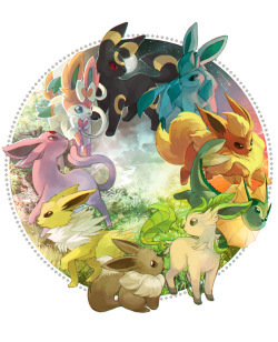 traineraarune:  Counter-clockwise Eevelutions by tuooneo Dawn (Sylveon), Morning (Espeon), Midday (Jolteon), Day (Eevee), Afternoon (Leafeon), Evening (Vaporeon), Dusk (Flareon), Night (Glaceon), and Midnight (Umbreon) 