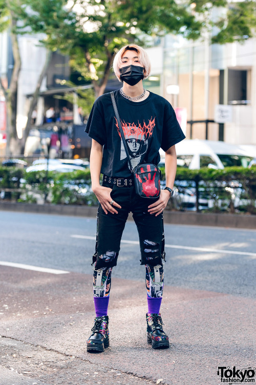 tokyo-fashion:  19-year-old Japanese student Yuito on the street in Harajuku. He’s wearing a Shaka Bose t-shirt with remake safety pin pants over Joker tights, a remake bag, and floral platform boots by Yosuke. Full Look