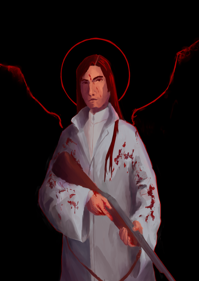 A digital painting of Carpenter from the silt verses, here depicted as a white woman with long dark hair, in a white coat, holding a rifle in her hands, splattered with blood. She's frowning. The background is solid black, with the exception of a red ring like a halo, and the thin outline of wings (also in red), positioned behind her. 