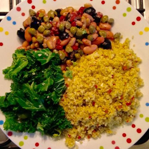 Dinner tonight after the gym. Mediterranean couscous with olive and three bean salad alongside some 