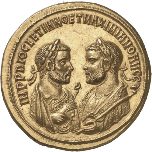 Imperators Diocletianus and Maximianus Gold coin issued in 287 CE in Rome by Maximianus. From this  