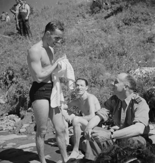 Men bathing in Lake Ontario, New York, in the Summer of 1943.