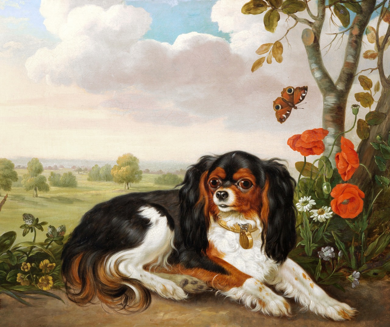 A tricolour King Charles Spaniel in a classical landscape - Abraham Bruiningh van Worrell - before 1823 - via Bonhams