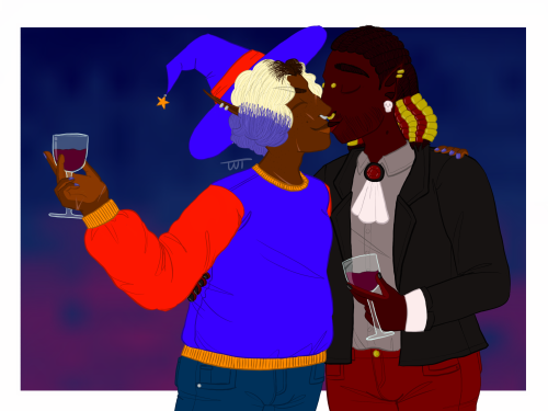 [ID: a drawing of taako and kravitz kissing in front of a dark blue and purple background. taako is 