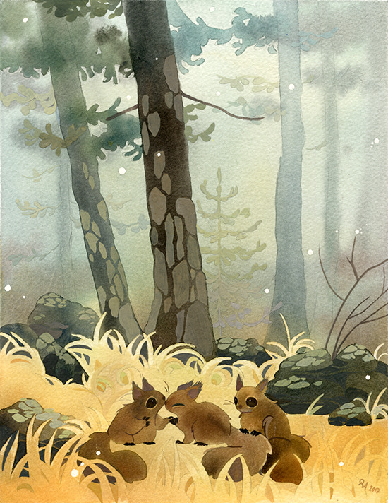 riikkapaints:  Little gathering and a misty forest (2017). Instagram ◆ Twitter