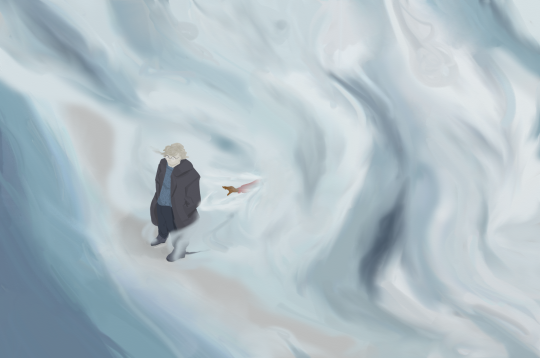 A digital painting of Martin standing on a Lonely beach, fog surrounding him. Jon's hand bursts through the fog behind him.