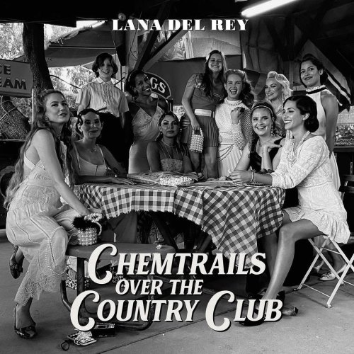 The cover of this album is in black and white. Lana is laughing surrounded by family and friends on a picnic table on the country club. Everyone is wearing vintage dresses (mostly white) and jewels.