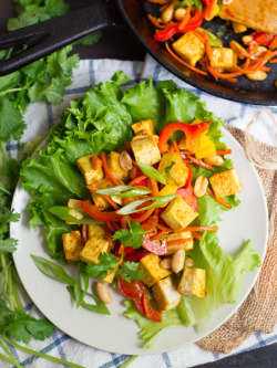 intensefoodcravings:  These curried tofu lettuce wraps are made with stir-fried veggies, juicy mango chunks, and crunchy peanuts, all wrapped in crisp lettuce leaves.