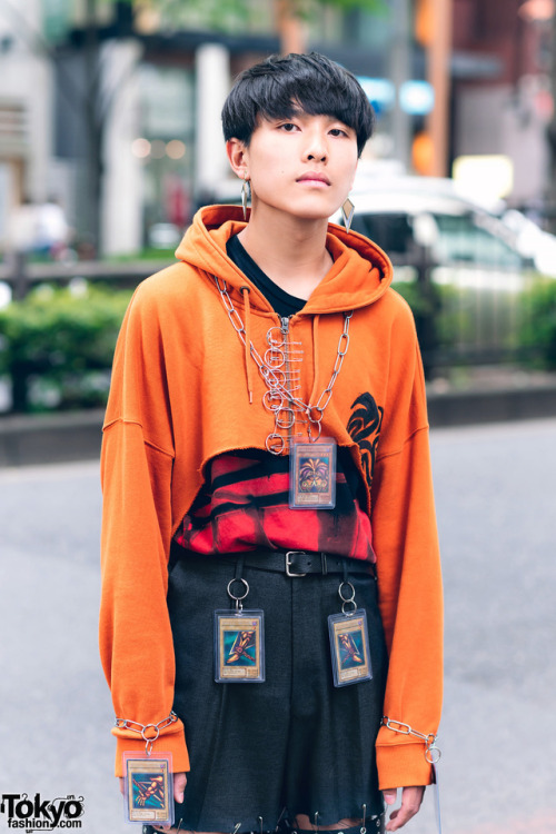 Tokyo high school student Makoto on the street in Harajuku wearing a remake style with Yu-Gi-Oh! Car