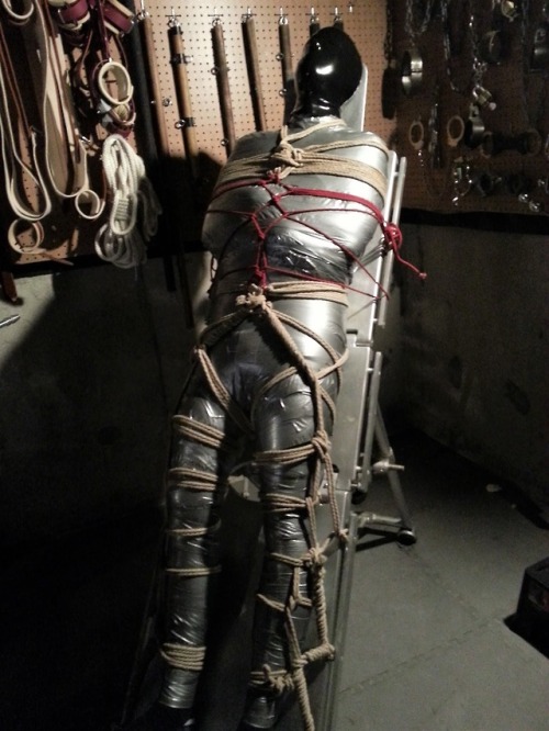 alphamajor47:Got mummified by Bullied.  Cock locked in cage still.  Rubber hood and breathe play onc