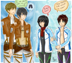 falch10n:  People adore free! x SNK crossovers, so here you go Imagine if the AU for both animes was the other anime’s world… 